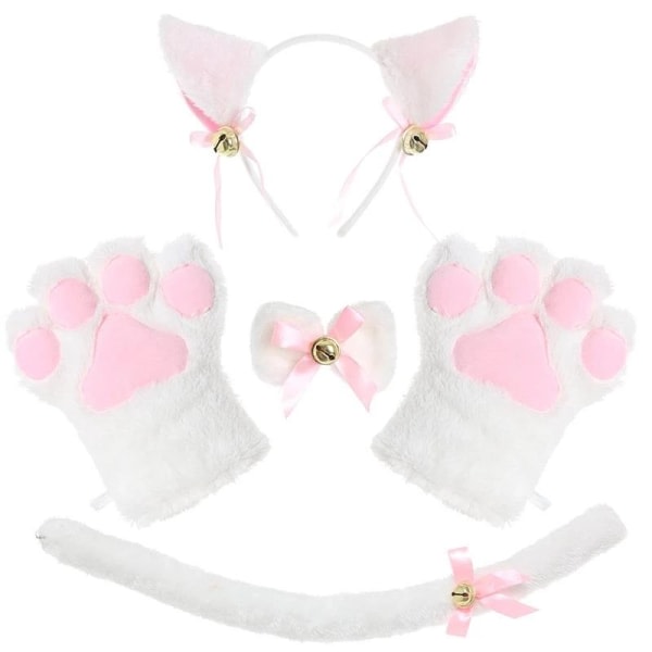 Katt cosplay kostym sæt kattunge svans öron krage tassar håndskar kit til Halloween tilbehör 5 st