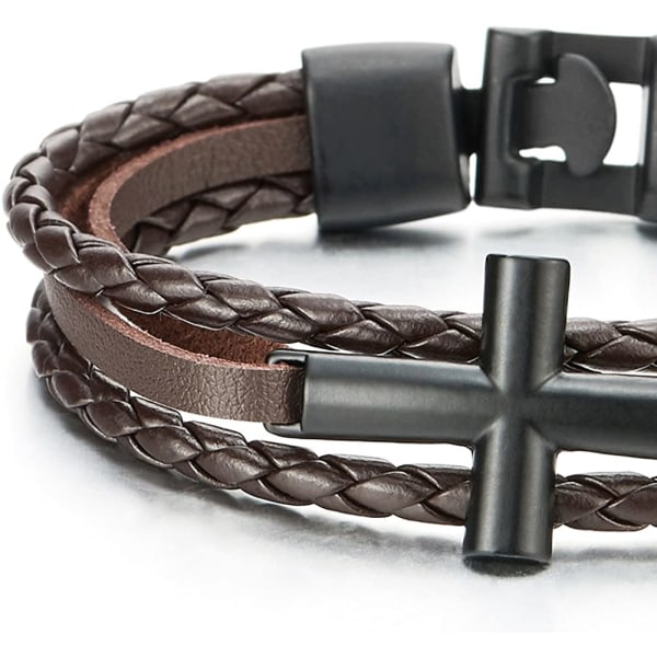 Svart horisontell sidled kors brun flätat läderarmband