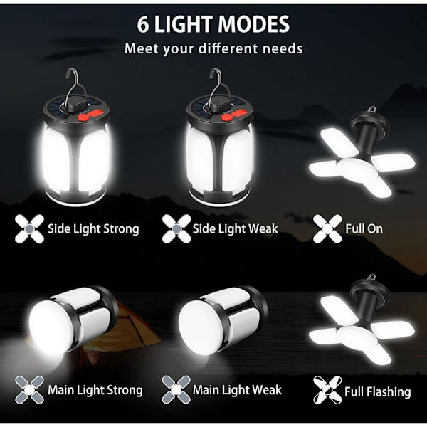 3600mAh LED solcelle campinglampe USB genopladelig lygte, 6 tilstande SOS vandtæt bærbar IP67 vandtæt campinglampe teltlampe til udendørs vandring
