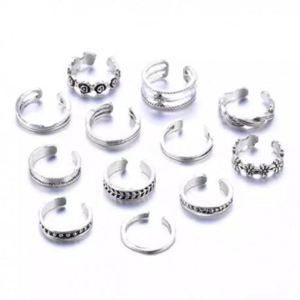 12-pack Boho Antik Sormukset / Varpaat Sormukset - Säädettävät silver