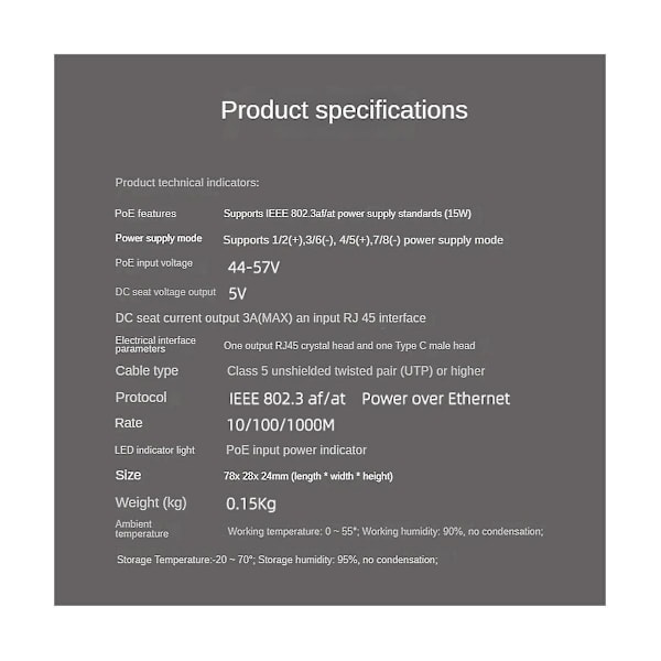 Gigabit PoE-splitter 5v3a 1000mbps Typ-C Power Over Ethernet för IP-kamera