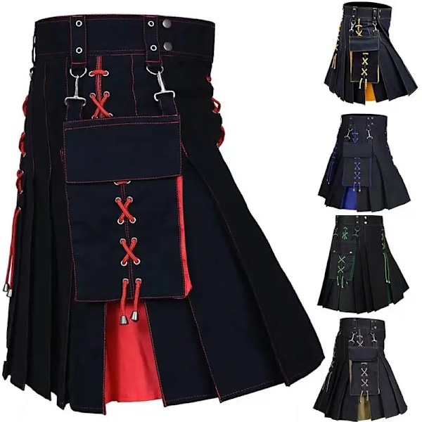 Herr Kilt Utility Scottish Traditional Highland Solid Plisserade Spänne Spänne Kostym Kilts med lastfickor Röd Red L