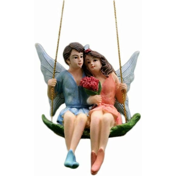 Romantisk Fairy Par Minifigurer Swing Trädgård Landskap Ornament Resin Staty