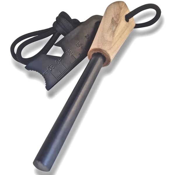 Ildstarter - Traditionel ferrostang, håndlavet træhåndtag 3/8"，Survival Igniter med halssnor og multiværktøj