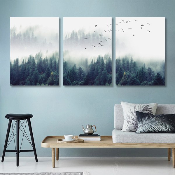 Sæt med 3 designplakater, vægmalerier, skov og fugle i tågen