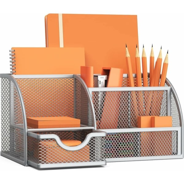 Skrivbordsförvaring, trådnät med låda och pennhållare, 6 olika fack för pennor, häftapparater, mappar, silvergrå