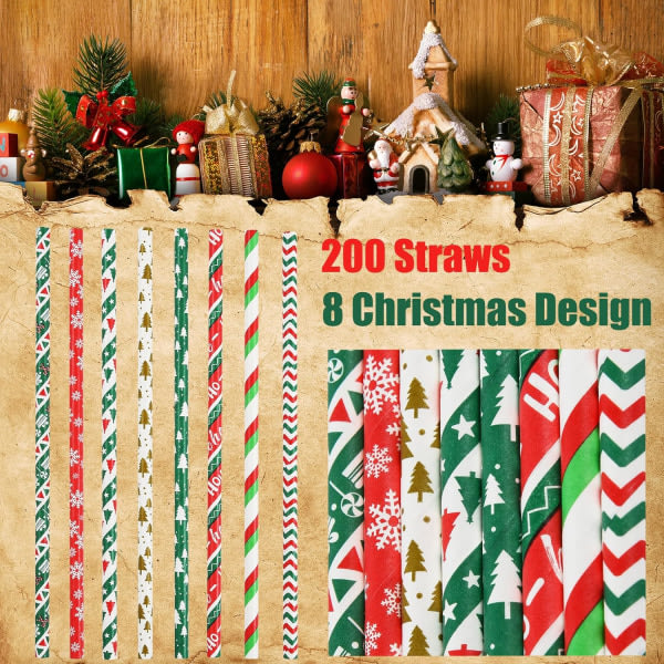 200 julepapirsugerør, 8 stilarter stribet juletræ Snowf