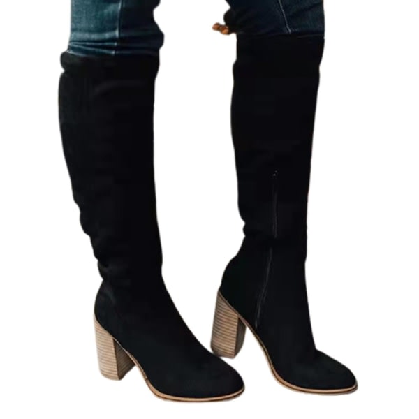 Kvinders vinterstøvler i ruskind over knæet Lange støvler med tyk hæl og let at tage på Moderigtigt sort 39