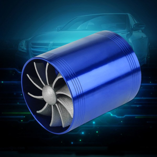 Aluminium Bil Luftintag Turbonator Dubbel fläkt Turbin Supercharger Gass Bränslesparare Turbo Blå