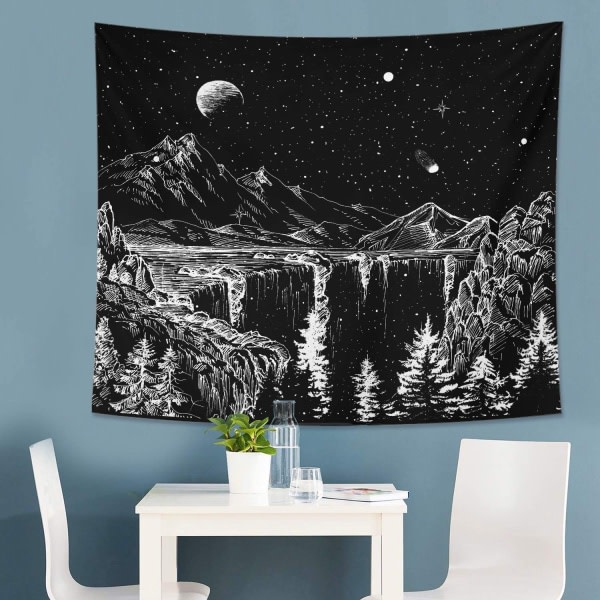 Wekity Starry Night Tapestry Mountain Tapestry Moon and Stars Tapestry Sort og hvid vægtapet - 70,9x90,5 tommer