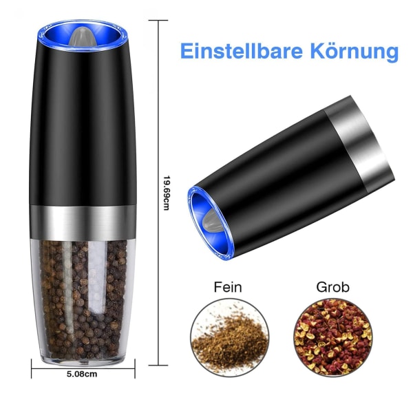 Electric Pepper Mill or Salt Grinder Spice Grinder Tall Battery Operated with Blue LED Light Adjustable Ceramic Coarseness 2-Pack