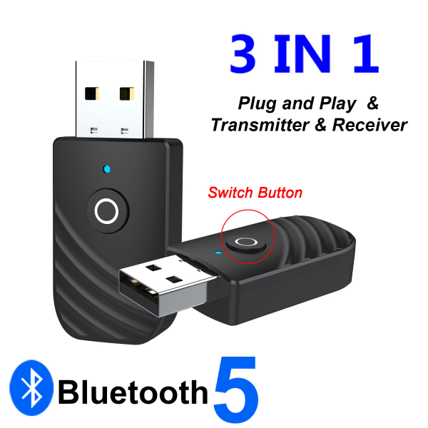 Bluetooth USB-adapter, 5.0 trådløs 3-i-1 USB-sender