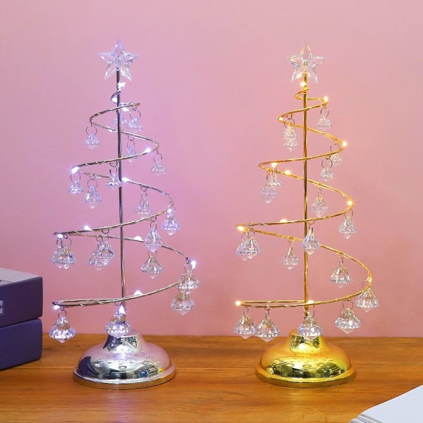 Kristall julgransbelysning Metall tomteträd med akryl hänge lysande prydnad Nyårs julklapp Silver Vit L