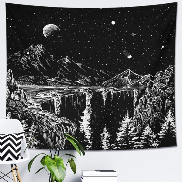 Wekity Starry Night Tapestry Mountain Tapestry Moon and Stars Tapestry Sort og hvid vægtapet - 70,9x90,5 tommer
