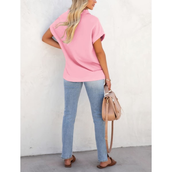 Kortærmede poloskjorter til kvinder Sommer-krave-top med knap-down-top Afslappet V-hals T-shirt med løs pasform（L Pink）