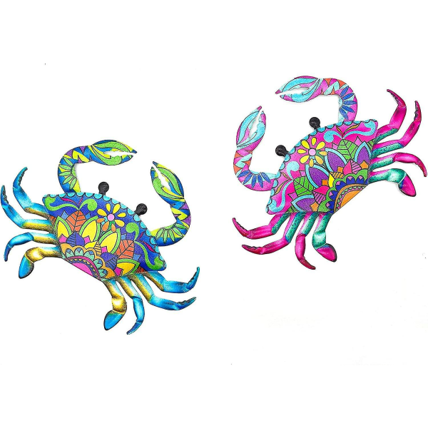 Ett par krabbor Metallkrabba väggdekor kustnära dekorativ skulptur för Tiki Bar Wall, Hemdörr, Fönster, Ocean Theme Room (2st, Multicolor)