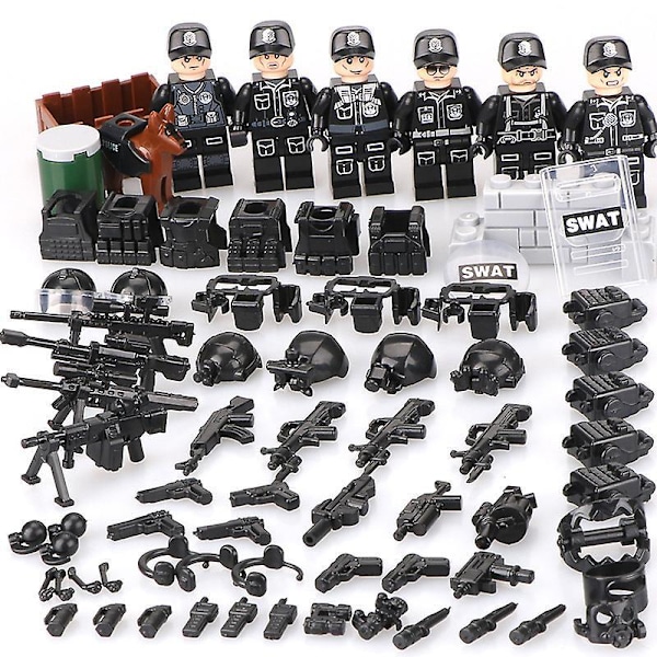 6 st Swat Police Salon Byggklossar Med Vapen, Skottsäkra Västar, Polishund Utrustning, Minifigurer, Barns Monteringsspel