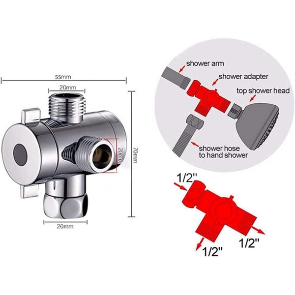 3-veis dusjavleder, G1/2" T-adapter