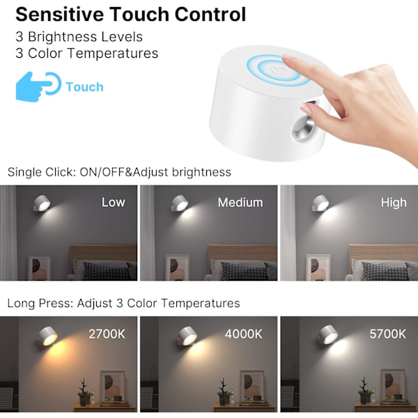 Indendørs væglampe, væglampe med USB-opladning, 3 farver og 3 niveauer LED indendørs 360° roterbar touchkontrol trådløs væglampe