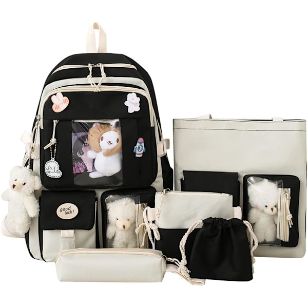 Canvas School Bag Combo Set, Kawaii Girl Student School Bag Black black