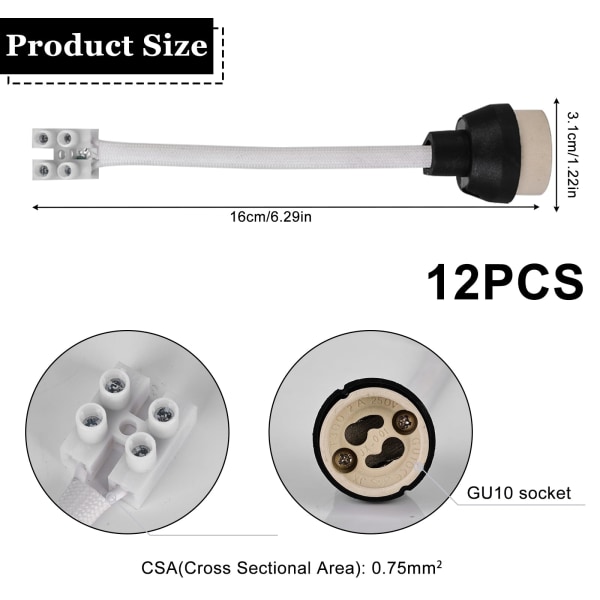 GU10 Keramiska sockel: 15CM/10MM kvalitets silikonkabel GU10 sockel, GU10 kontaktlampa för GU10 glödlampa 0-250V, 3A Keramiska GU10 sockel-12st