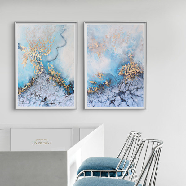 Set med 3 abstrakta dekorativa målningar på canvas, blå mar