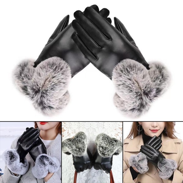 Sammetsimitation kaninpäls PU-handskar Bekväma andningshandskar for kvinder flickor sort en størrelse