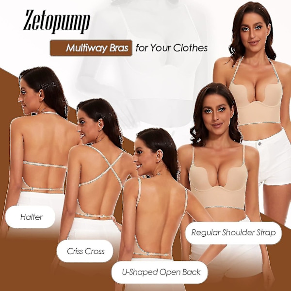 Spetslös BH med Låg Rygg, Djupt U-ringad, Konvertibel, Multiway, Lågt Skuren, Öppen Rygg, Halter BH. 38B. Naken Nude Nude 38B