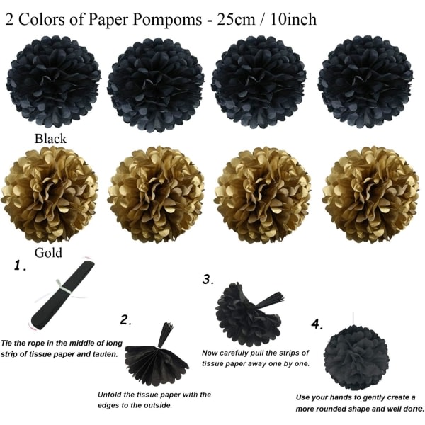 Festdekorationstillbehör, 21 stycken svart papper Pom Poms blommor