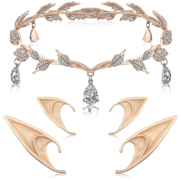 Rhinestone Leaf Wedding Tiara Crown Pannband Cosplay Fairy Pixie Elf Ears For Brides Pageants Wedding Prom (Rose Gold)