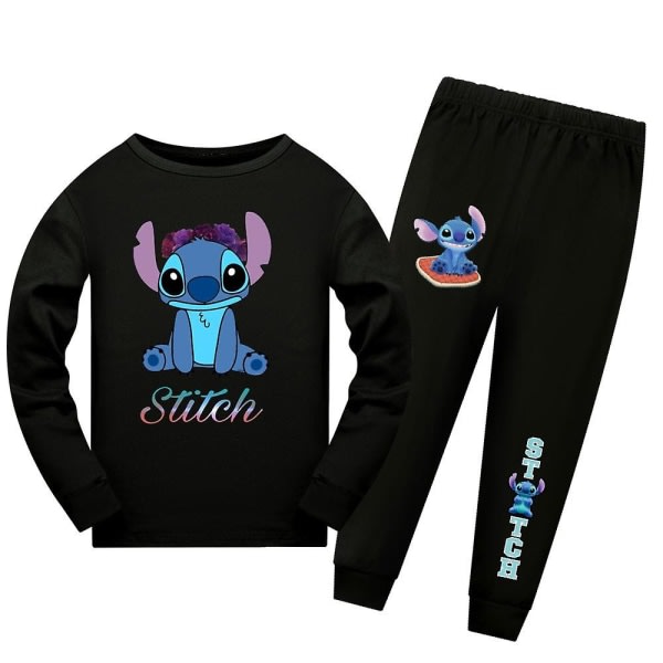 7-14 år Lilo & Stitch Sæt til børn Langærmede T-shirt Bukser Outfit Loungewear Nattøj Gaver Sort 13-14 år