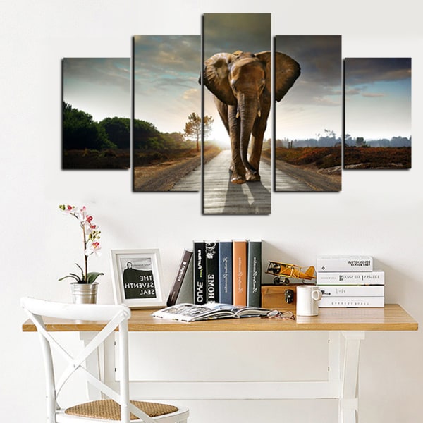 5 PCS ,Elephant Walking In A Street With The Sun From Behind,frameless