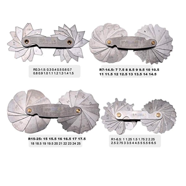 4 stk radiusmåler konkav konveks måleverktøy rustfritt stål radius filet gauge, måleområde R0.3-1.5 / R1-6.5 / R7-14.5 / R15-25