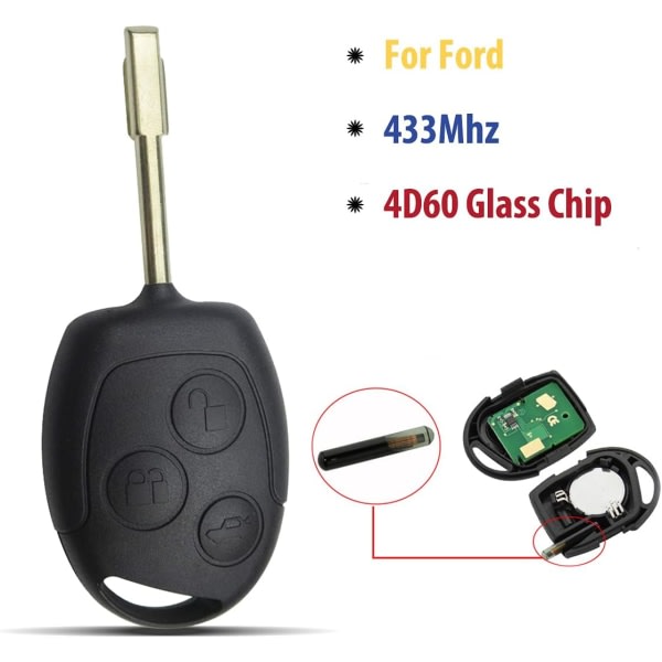433 MHz 3 knappar Fo-rd Bilfjärrkontroll Nycklel, fjärrkontroll bilnyckel skydd ska ersättning med 4D60 chip för Mondeo Focus Fiesta KA Transit