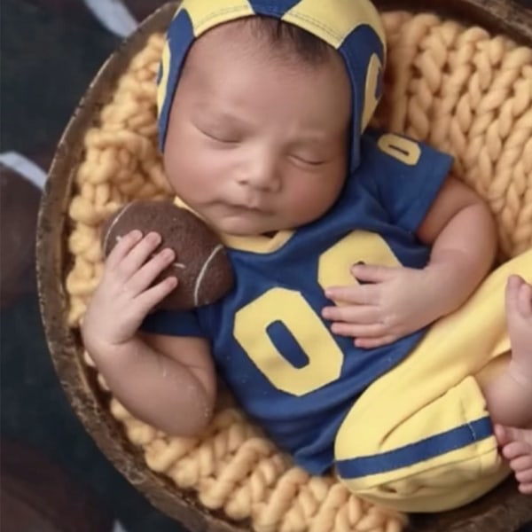 Nyfödd dräkt amerikansk fotboll Fotografi Kläder Rugbyuniform T-skjorte Hatt Byxor Fotografering rekvisita Babyfoto kostym