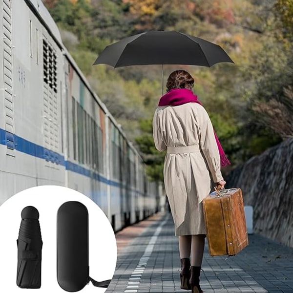 Vikbart paraply, 6 revben miniparaply Litet paraply med fodral Mini Anti-UV paraply Snabbtorkande och ultralätt kompakt (svart)