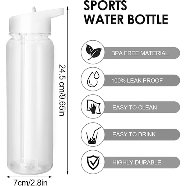 Vattenflaska med sugrör 700 ml plastflaska för kallt vatten återanvändbar transparent gymflaska för sport picknick resor studier cykling (vit)