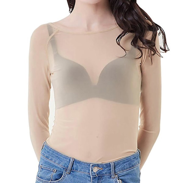 Dam Genomskinlig Långärmad Sömlös Armformande Topp Mesh Skjorta Blus S