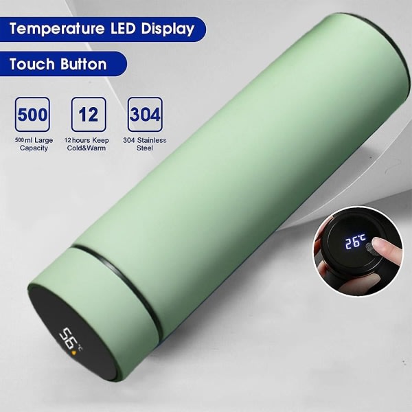 Vattenflaska med LED temperaturdisplay, dubbelväggig vakuumisolerad vattenflaska matt orange ljusgrön