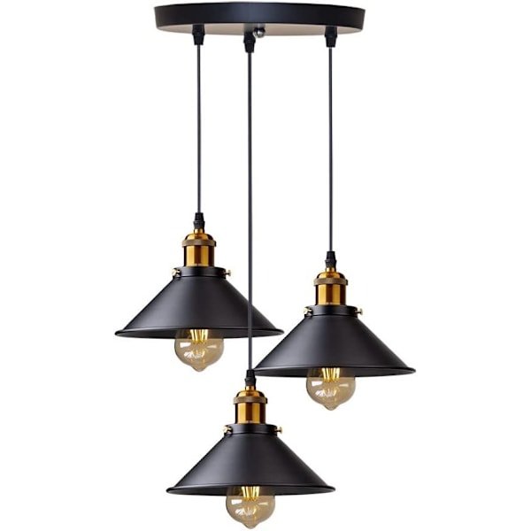 3-armet pendellampe retro industriell taklampe design Edison metallkrone oppheng med sirkulær plate støtte, Ø 22cm, svart