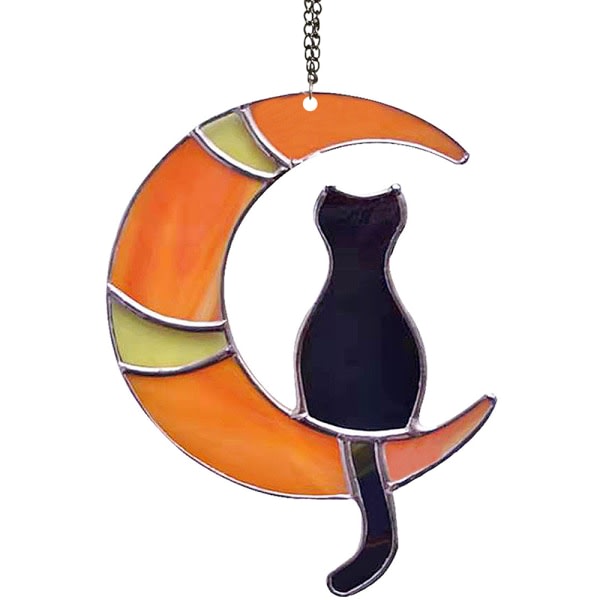 Svart katt på månen Färgad akryl fönsterhängande prydnad for heminredning oransje