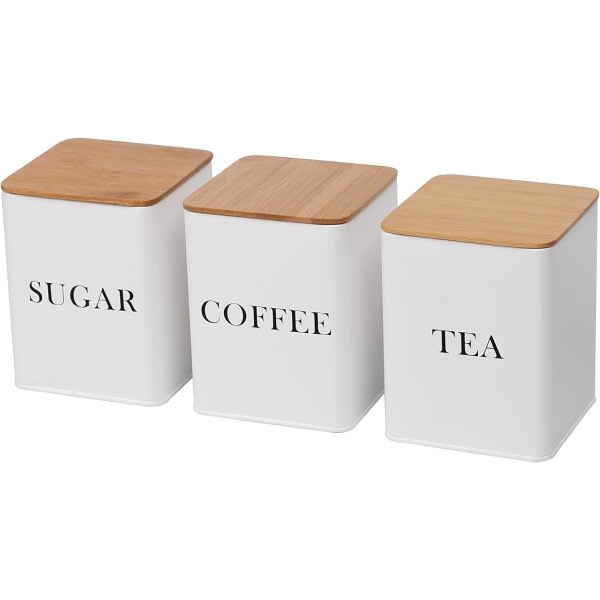 Set med 3 te-, kaffe- og sockerbeholdere for förvaringsburkar med lufttäta bambulock, vit