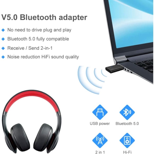 USB Bluetooth-adapter 5.0 mottaker sender, 2 i 1 Bluetooth-sender