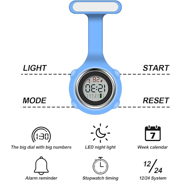 Sygeplejerske lommeur i silikone med klips, lommeur med lomme, hængende lommeur, fob-ur til sygeplejersker, læger, blå