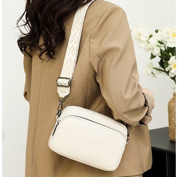 Crossbody-väska Dam Läder Liten Axelväska med Dragkedja Off-White