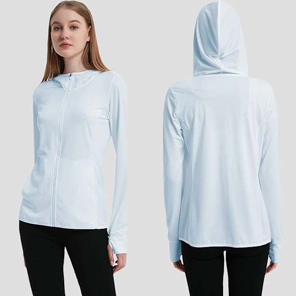 UPF 50+ UV-skydd Damkläder Zip Up Hoodie Långärmad Fiske Löpning Vandringsjacka Outdoor Performance Skjorta, ljusblå, 4XL