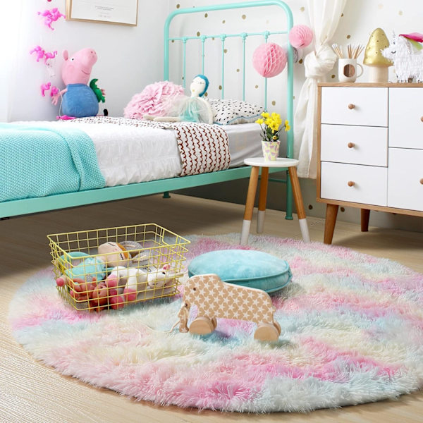Regnbågsformade fluffiga mattor för flickrum 1,2 m, Enhörningsdekor, Pastellfärgad rund matta för barn, Luddig barnrummatta, Mjuk lekmatta