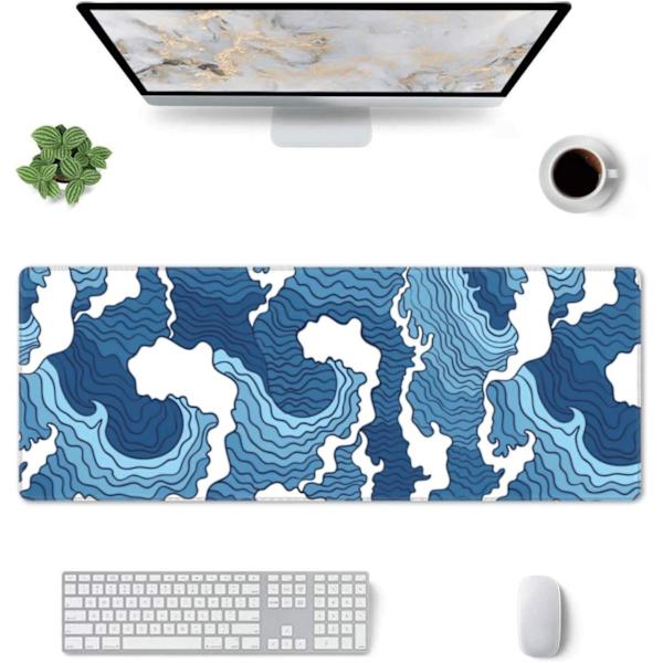 Japansk blå og hvid Sea Wave musemåtte XL forlænget skrivebordsunderlag, skridsikker gummibase syet kant Gaming PC Desktop Stor musemåtte, 31,5 x 11,8 tommer