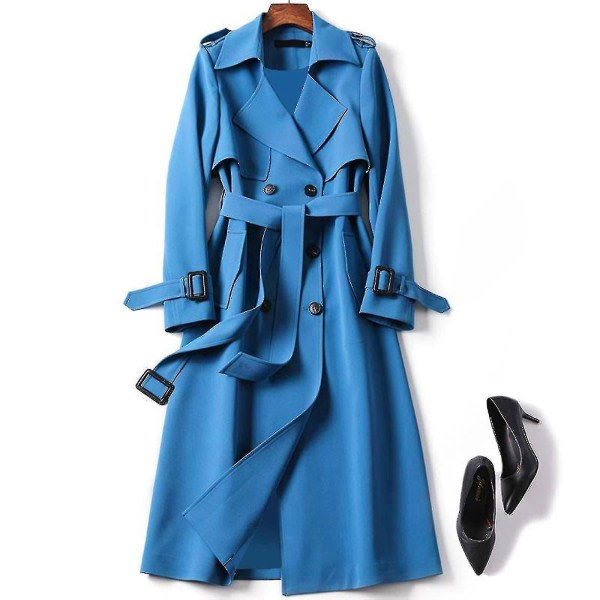 Dameoverfrakke Solid Slim Fit frakkejakke Langt overtøj Windbreaker Trench Blue M