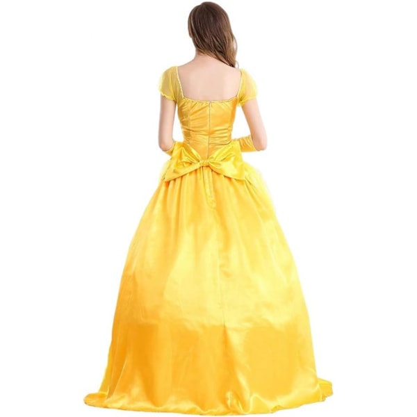 Belle mekko aikuisten prinsessapuku juhliin karnevaaliin cosplay-esitykseen halloweeniin keltainen asu käsineillä ja suurella krinoliinilla，M